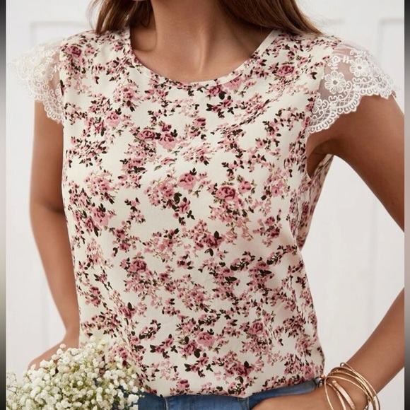 Boho Floral Print Lace Top Blouse shirt - Picture 3 of 8